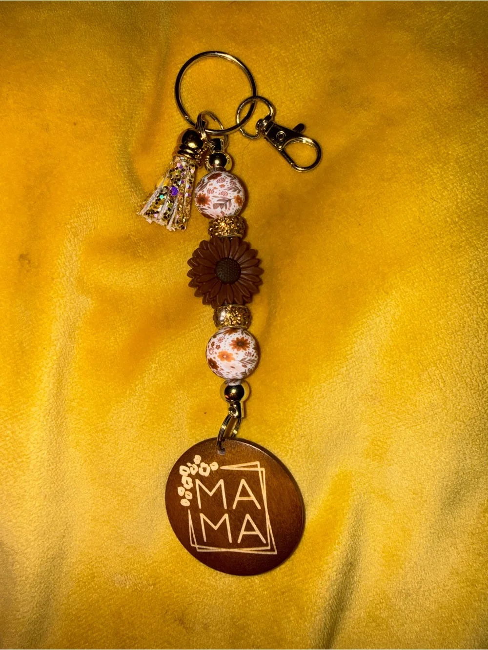 MAMA Floral Brown Beaded Keychain with Tassel